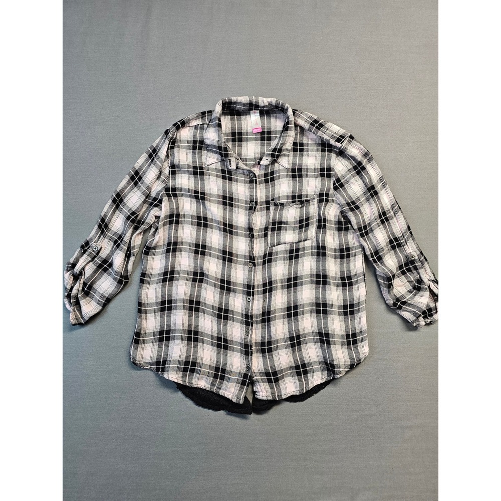 NO BOUNDARIES Womens Plaid Button Down Shirt Lace Back Roll Tab Sleeves XXL